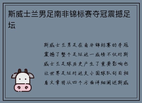 斯威士兰男足南非锦标赛夺冠震撼足坛