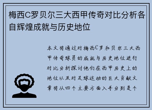 梅西C罗贝尔三大西甲传奇对比分析各自辉煌成就与历史地位